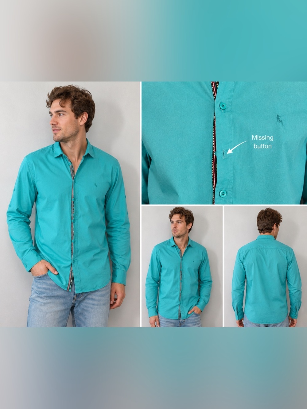 Free Man Men’s Button Down Shirt – Size Large – Turquoise/Aqua